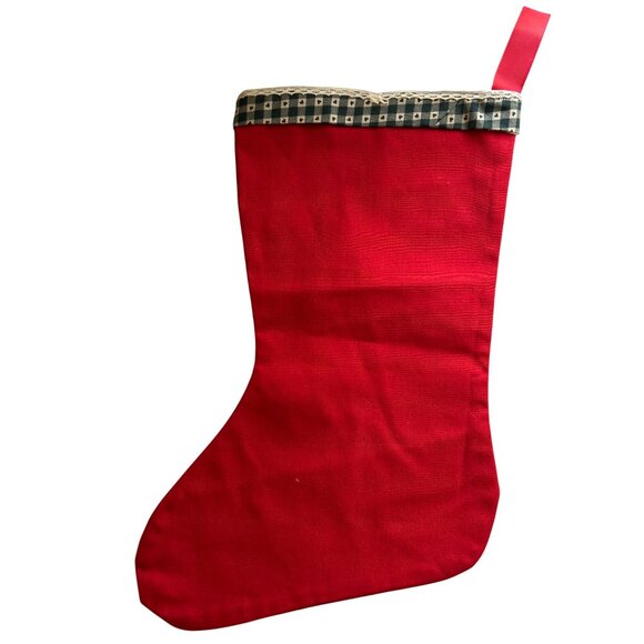 Handmade Vintage Christmas Stockings Red Cotton Green Gingham Trim Holiday Decor - Picture 6 of 8